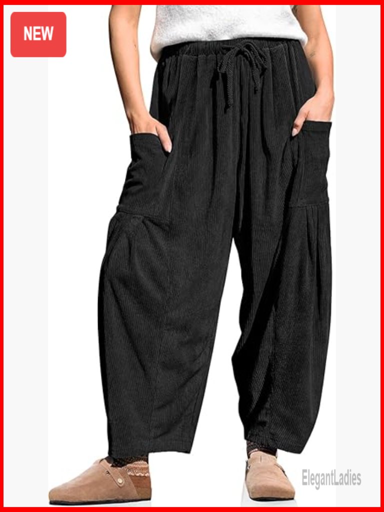 Corduroy Wide Leg Harem Pants With Drawstring Waist And Pockets